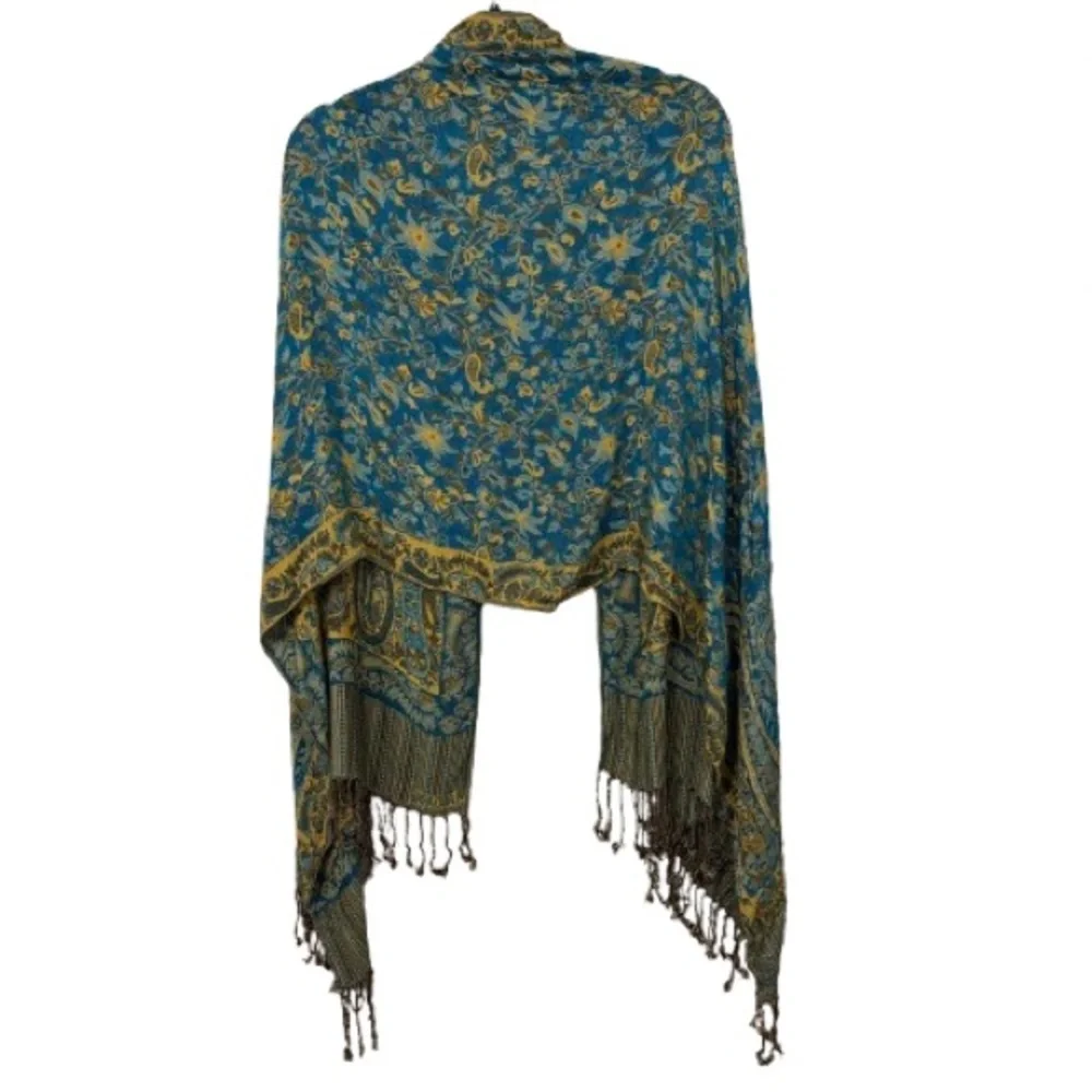 100% Pashmina Blue and Yellow Floral Paisley Patterned Shawl With Fringe